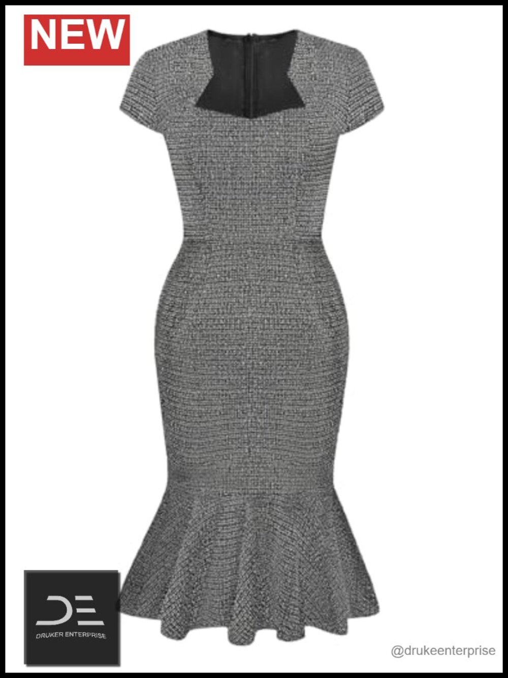 Fishtail Tweed Bodycon Cocktail Dress Knee-Length Cap Sleeve
